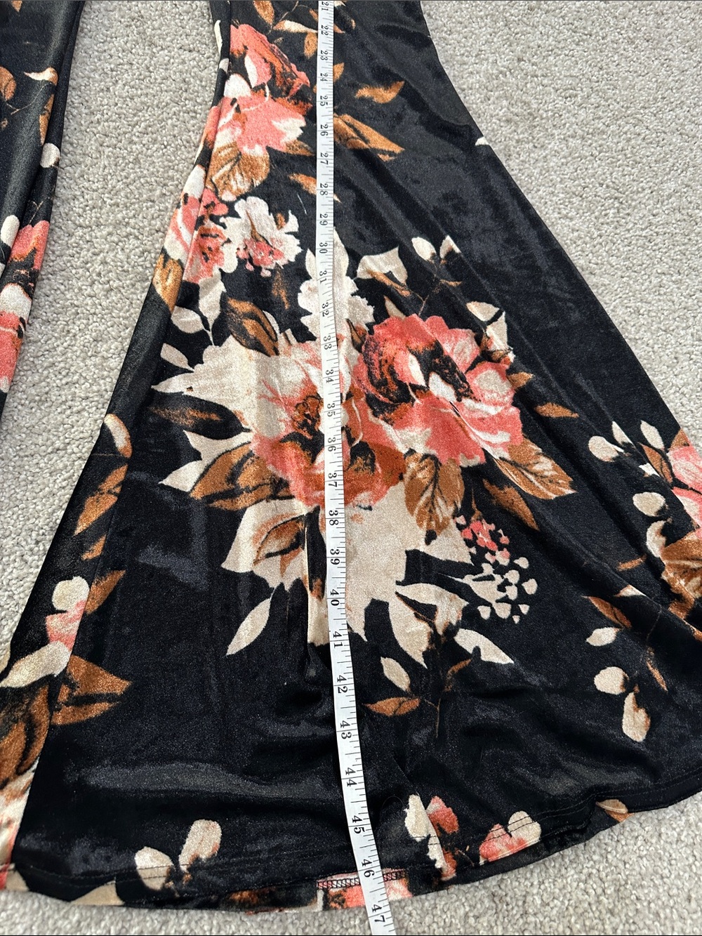 Black Floral Stretch Velvet Flare Pants - Picture 4 of 8